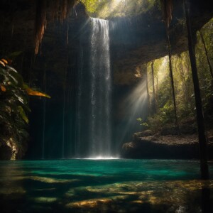 Beautiful waterfall in a cenote, light rays, god rays, deep shad...