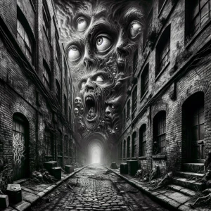 "Craft an image titled 'Gothic Graffiti NIGHTMARE,' where a hyper-realistic gothic landscape dominates a dystopian urban alley. The scene is a fusion of dramatic and surreal elements, with sprawling graffiti that twists and warps across the walls in morphing, monstrous forms—each stroke alive with a psycho horror vibe. Amidst this cinematic chaos, hyper-realistic details pull viewers into the nightmare: eyes peer from the shadows, and grotesque faces blend into the dark brick, their expressions a haunting fusion of dread and despair. Shadows deepen the drama, creating an atmosphere thick with tension and unease, embodying a world where reality melds with nightmarish imagination."