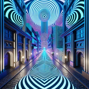 A psychedelic op-art fusion scene depicting a distorted alleyway...