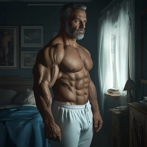 Create an image of a hyper realistic muscular bodybuilder with g...