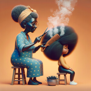 Create a realistic 3-D image of an african-American grandmother in the kitchen with her african-American granddaughter. The grandmother has a hot comb in her hair and she is straightening her granddaughters hair. One side of her granddaughters hair is in  a Afro the other is bone straight 
There is smoke coming from the hot comb