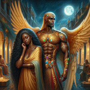 Create an oil painting image featuring a male angel and a grievi...
