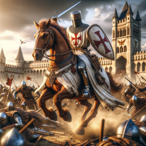 A Templar knight riding a horse in a battle scene, ultra hyper photorealistic