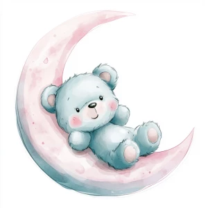 A cute, cartoon teddybear lies on a stylized, rosy-pink crescent moon. The teddy bear is light gray with large, round, pink-spotted ears.  Its body is round and he has expressive eyes.  its facial expression is happy and friendly. The teddy bears leg and foot are visible, and its posture is relaxed, lying down in the curve of the moon. it's stomach is lying down on the moon with left arm and leg showing hanging down. The moon is a soft, shaded blue, with watercolor-like texture and subtle shading. The background is white. The image is in a child-friendly style, showcasing delicate line work and color palettes. The composition is centered on the teddy bear which is positioned lying slumped face down on  the moon, giving the moon a hug with closed eyes. The overall style is sweet, whimsical, and reminiscent of children's book illustrations.  The colors are pastel and soothing, creating a gentle atmosphere.