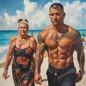 Realism,sharp art,detailed.,a man  muscular beefy sweaty tattoed...