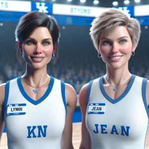 Create an image of two women accompanying the Kentucky Wildcats....