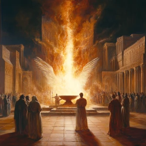 Depict an ancient regal courtyard with a towering, fierce furnace at its center. The furnace engulfs Shadrach, Meshach, and Abednego, who remain unscathed amidst the voracious flames, exuding tranquility. They are dressed in traditional ancient robes, seemingly impervious to the fire's wrath. With them, a fourth figure—an angelic presence—radiates a protective aura, his ethereal form aglow, symbolizing divine shelter.

Surrounding the furnace, astounded guards and nobles observe from afar, their faces etched in shock and wonder. The scene juxtaposes the tumultuous flames with the composed figures within, emphasizing the miracle of their survival and the power of faith and divine guardianship.