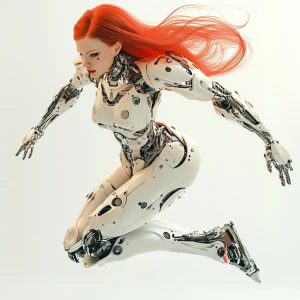 Beautiful redhead android human hybrid in an action pose.