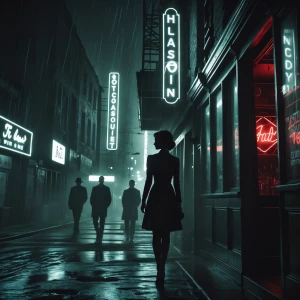 A femme fatale silhouetted against a neon sign in a dimly lit cl...