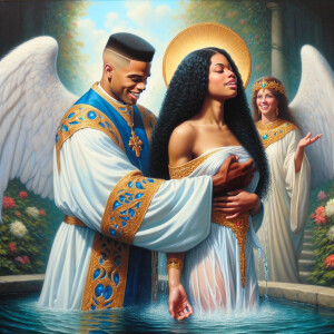 An oil painting depicting a light-skinned African-American pasto...