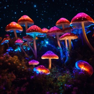 "Create an image of bioluminescent psychedelic mushrooms, each a...