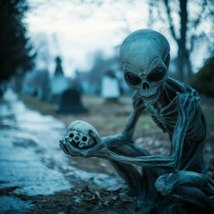 Alien collects souls from a cemetery. Throws skulls at camera.