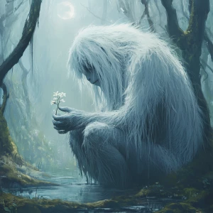 A huge, white-haired, gentle mythical creature sits in a misty,...