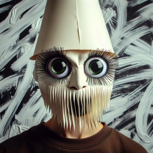 Person with big round green eyes wearing a paper mask that has a...