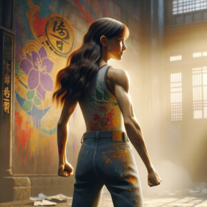 Athletic Thin skinny Attractive, Asian teenage girl, long brown hair and bangs, wearing tight skinny jeans and a halter top paint marks on her clothing, heroic pose Asian graffiti background, backside view