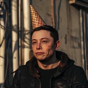 Elon Musk,with a monkey wearing a cone party hat, GTA style