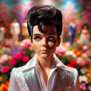 Elvis Presley doll with huge blue eyes flowers in the background