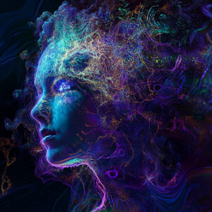 Create an image of a bioluminescent, Aries-themed female figure...