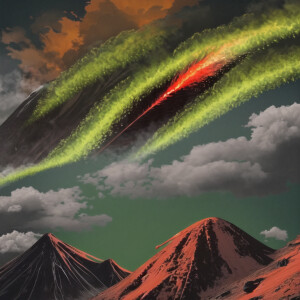 A red wyvern creating the ridge of a volcano. The volcano is spewing green lava and the wyvern is spitting green flames. The sky is brown and gray with smoke and ash, though green light is shining through.