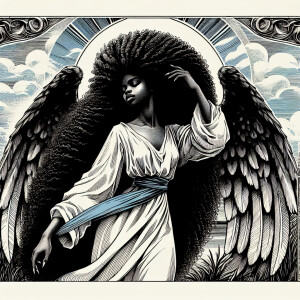 Create an image of a young Black woman with angel wings and long...