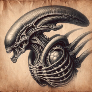 Aged parchment, graphite medium, realistic alien being illustrat...