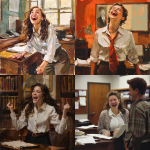A college girl laughing in the headmaster office, scene from a 1...