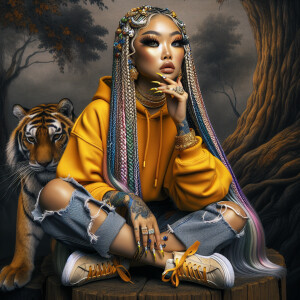 ink wash: In the style of dynamic composition a beautiful Asian...