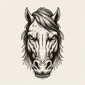 Line art, head on view of an evil, angry horses head