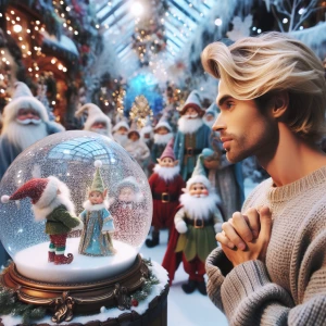 A whimsical scene depicting a blonde man facing forward at the N...