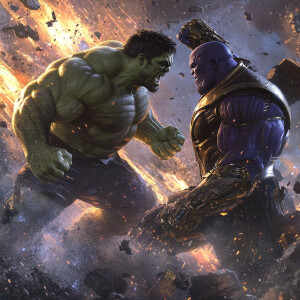 Create an image of Hulk engaged in a fierce battle with Thanos,...
