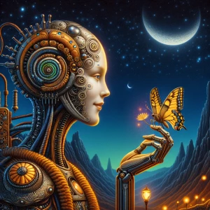 Portrait, surreal humanoid female Robot in steampunk style, long...