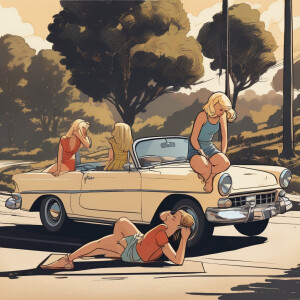 Blonde girl vomiting at the side of the road while her friend rubs her back and holds her hair back. Car parked by the side of the road