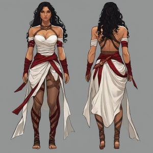 A powerful female warrior character design, front and back view,...