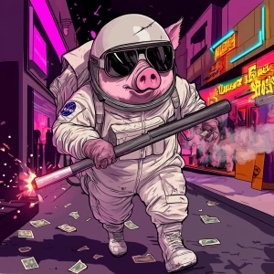 Cute cartoon pig in vintage white spacesuit and NASA style helme...