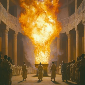 Depict an ancient regal courtyard with a towering, fierce furnace at its center. The furnace engulfs Shadrach, Meshach, and Abednego, who remain unscathed amidst the voracious flames, exuding tranquility. They are dressed in traditional ancient robes, seemingly impervious to the fire's wrath. With them, a fourth figure—an angelic presence—radiates a protective aura, his ethereal form aglow, symbolizing divine shelter.

Surrounding the furnace, astounded guards and nobles observe from afar, their faces etched in shock and wonder. The scene juxtaposes the tumultuous flames with the composed figures within, emphasizing the miracle of their survival and the power of faith and divine guardianship.