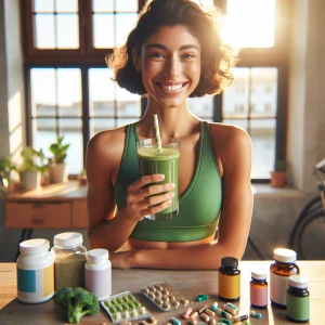 Supplements and a healthy person smiling in morning