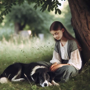 a black and white dog lying under a tree resting in the grass, t...