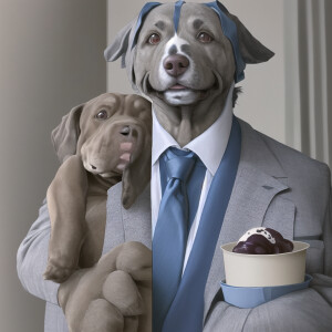 Create a picture of an old, gray Bassett hound dog wearing a sui...