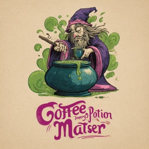 /imagine hand-drawn wizard in a fantasy robe brewing coffee in a...