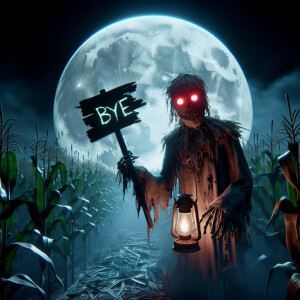 Evil Nightmarish Dream of glowing red eyed scarecrow, haunted co...