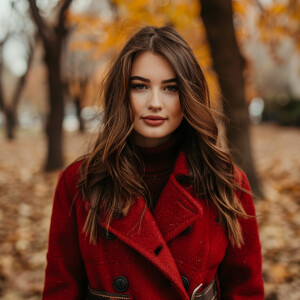 Photo of fair skinned brunette influencer wearing red winter coa...