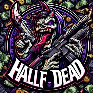 Create a professional, horror-themed circular brand logo featuri...