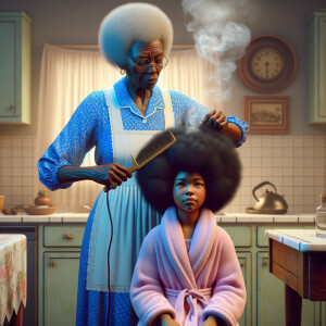 Create a realistic 3-D image of an african-American grandmother wearing a blue house dress and a white apron . She is in the kitchen with her african-American granddaughter. Her granddaughter is wearing a pink bath robe. The grandmother has a hot comb in her hand and she is straightening her granddaughters hair. One side of her granddaughters hair is in  a Afro the other straight 
There is smoke coming from the hot comb
The granddaughter is making a face