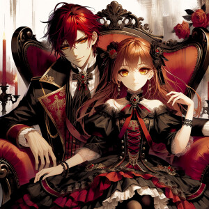 Lilith as a girl with elegant gothic lolita dress sit on the lap...