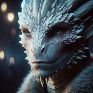 A hyper-realistic close-up of a pale Dragon born character with...