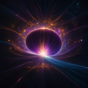 A luminous celestial pulsar pod floats in a dark, ethereal void,...