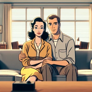 In the 1950s a couple sit together on a sofa in front of a windo...