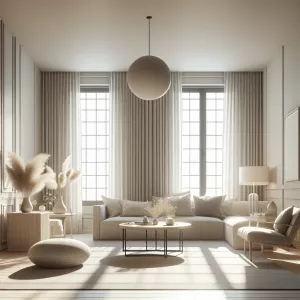 Create a minimalist living room design with clean lines, neutral...