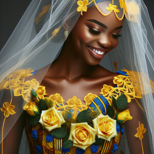 create a an hd image of a beautiful african bride with in yellow...