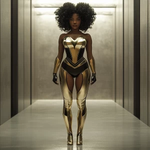Capture a wide camera angle of a superheroine standing in an emp...